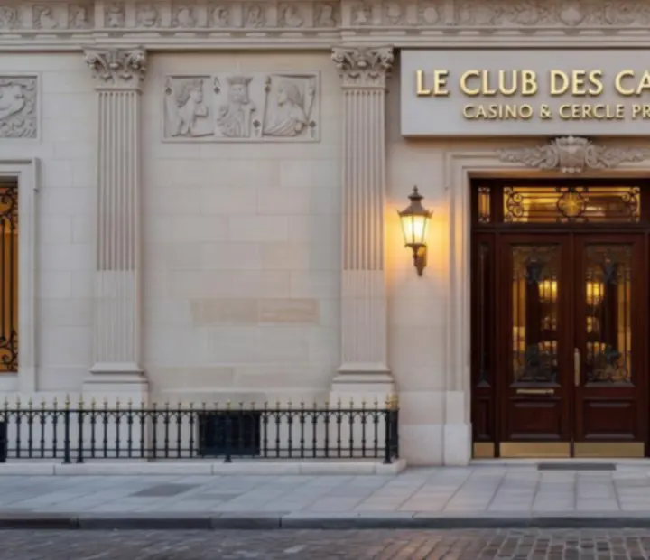Entrée élégante et éclairée d'un club de cartes français accueillant les joueurs