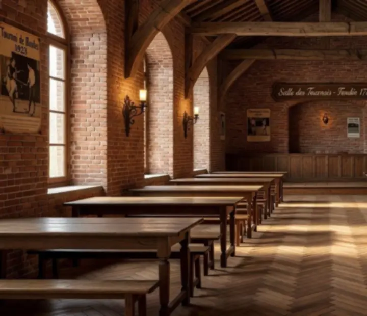 Salle de tournoi française classique avec tables de cartes et éclairage de scène