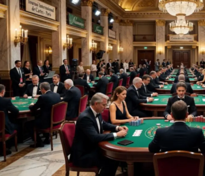 Vue d'ensemble d'une grande salle de tournoi de cartes en France avec tables, éclairage de diffusion et public.