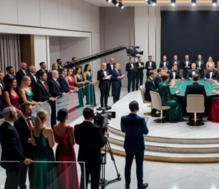 Vue d’une grande arène française avec plateau de diffusion et tables de cartes éclairées