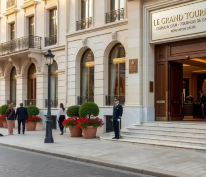 Façade élégante d'un casino-club français accueillant des tournois de cartes physiques.
