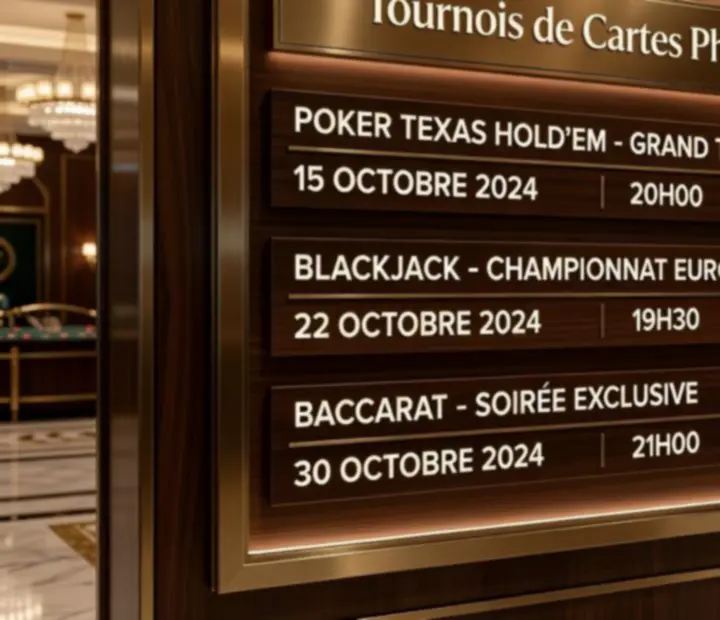 Tableau d'affichage lumineux présentant un calendrier de tournois de cartes en club en France.