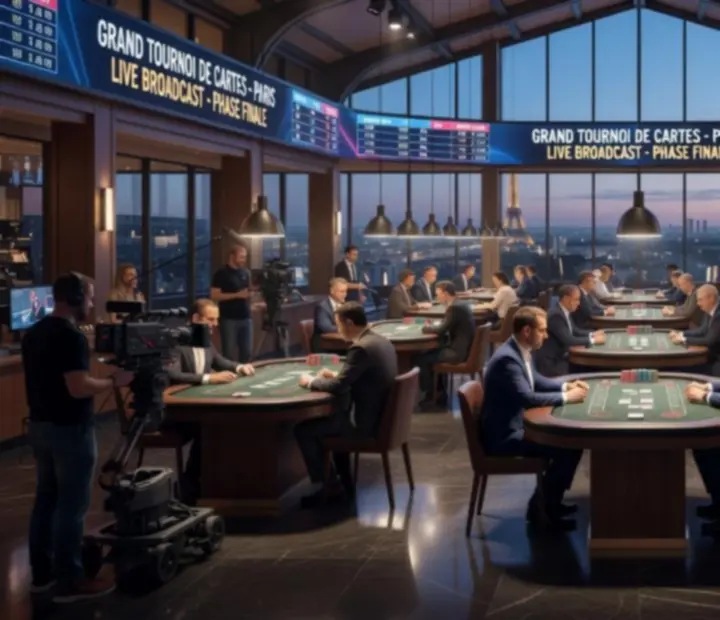 Grand espace d'arène sportive avec tables de cartes et installation de diffusion