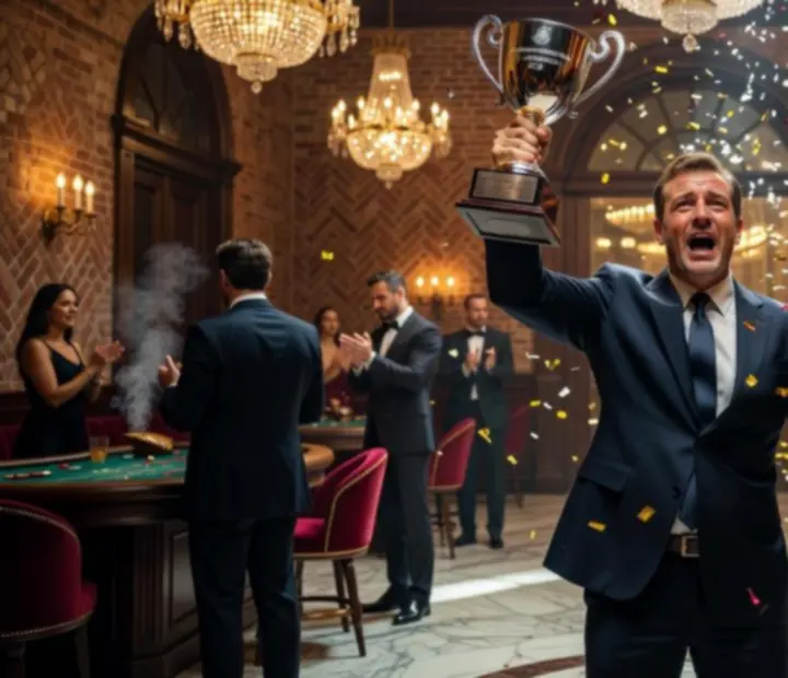 Scène de célébration historique avec un joueur brandissant un trophée dans une salle de tournoi éclairée.