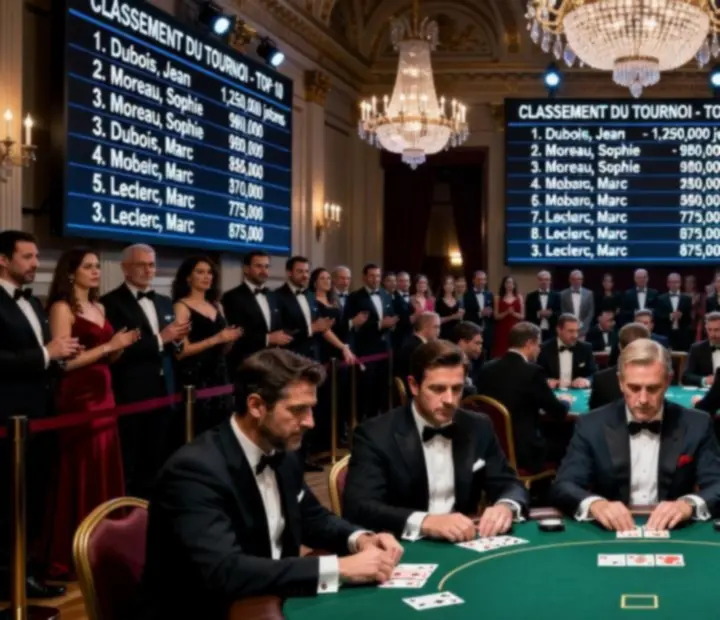 Vue d'ensemble d'une arène de tournois en direct avec écrans de classement et zone de diffusion.