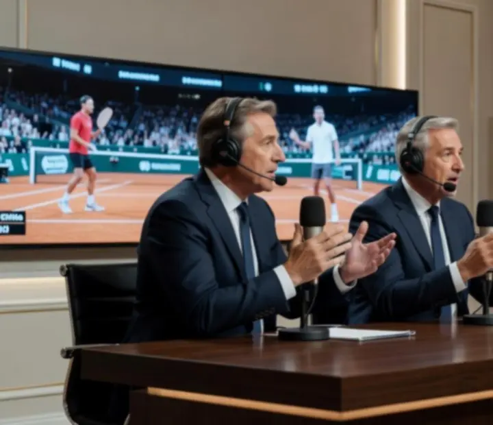 Plateau de commentateurs en direct devant une scène de tournoi éclairée à la Grand Arena