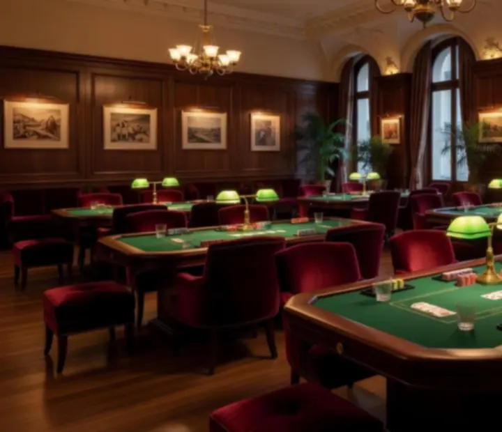 Salle de tournoi de cartes avec tables alignées et éclairage soigné dans un club français